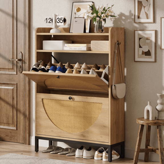 LIKIMIO Entryway Shoe Storage Cabinet with LED Light, 2 Flip Drawers & Open Shelf Freestanding Shoe Rack Organizer