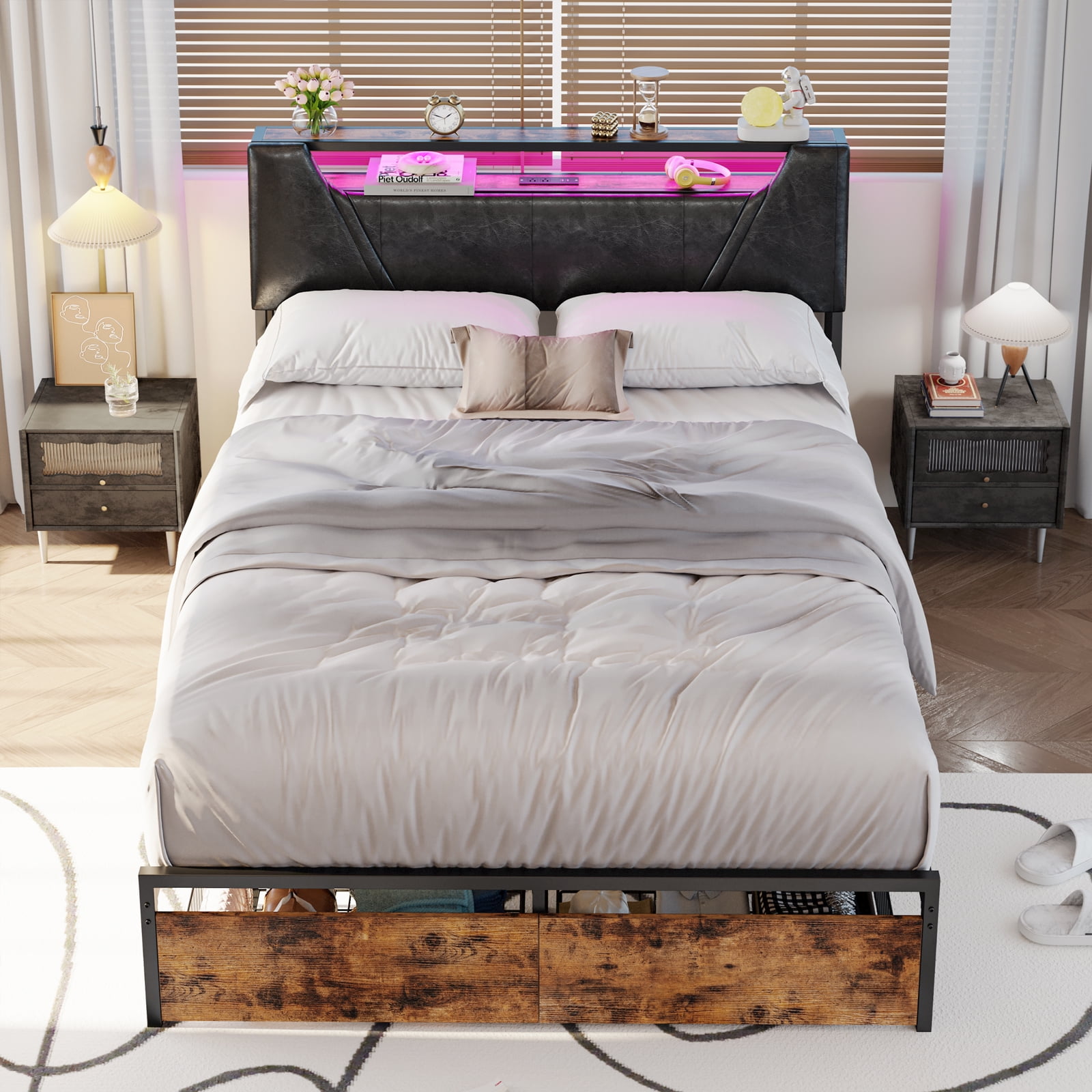 IRONCK Full Size Bed Frame with Storage Headboard, Power Outlets, LED