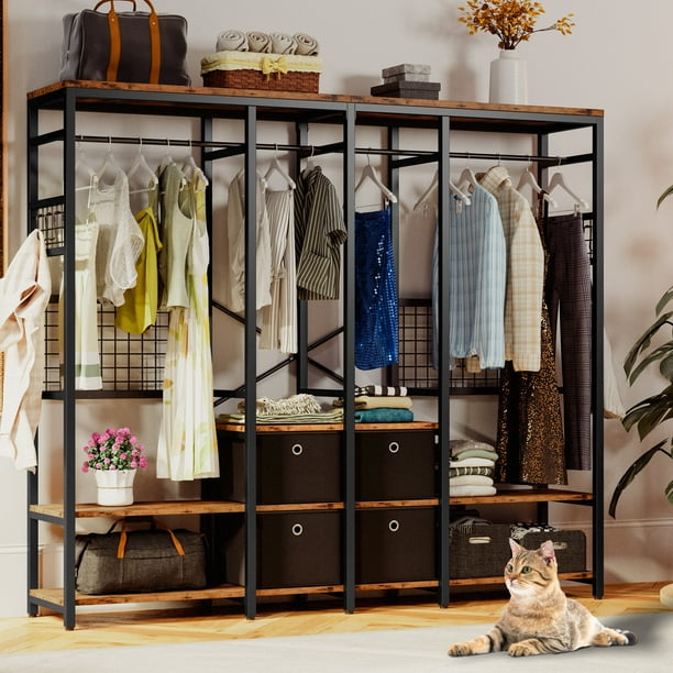 IRONCK Garment Racks with Shelves 4 Drawers and 8 Hooks Heavy Duty Closet Organizer for Hanging Clothes Freestanding Closet Wardrobe Rack Vintage