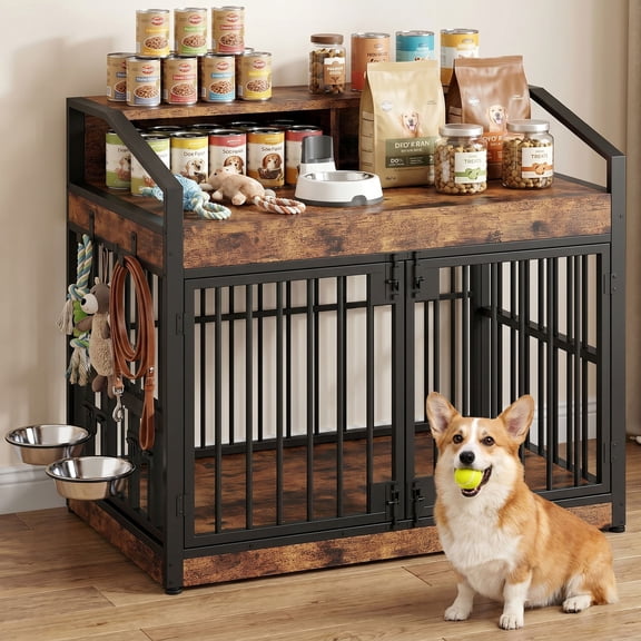 IRONCK Heavy Duty Dog Crate Furniture with Storage Shelf & Bowls, Wooden Medium Dog Cage, Rustic Brown
