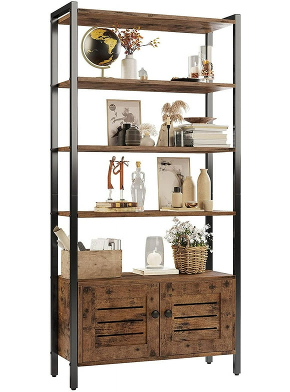 IRONCK Industrial Bookshelf and Bookcase with 2 Louvered Doors and 4 Shelves, Standing Storage Cabinet for Living Room