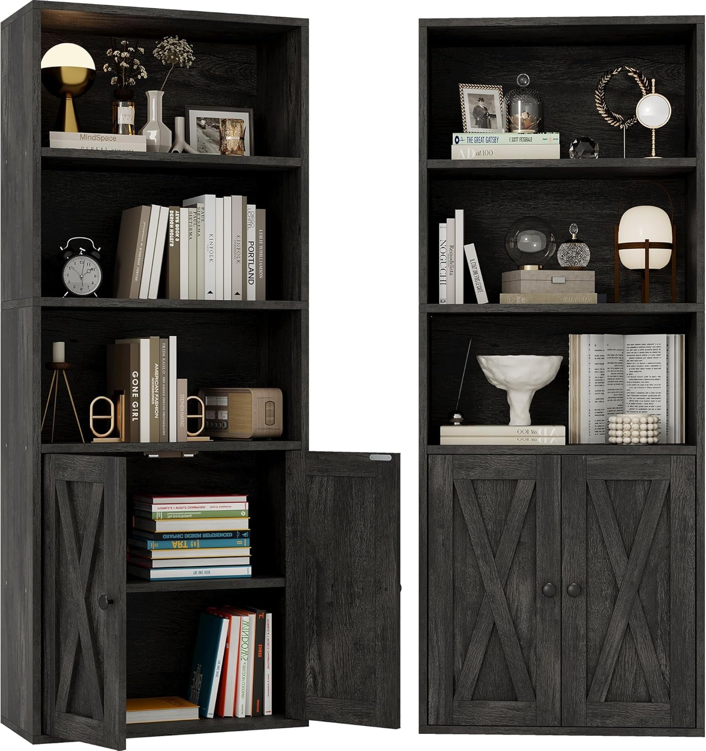 Vintage Black 5-Tier Industrial Bookcase with Doors