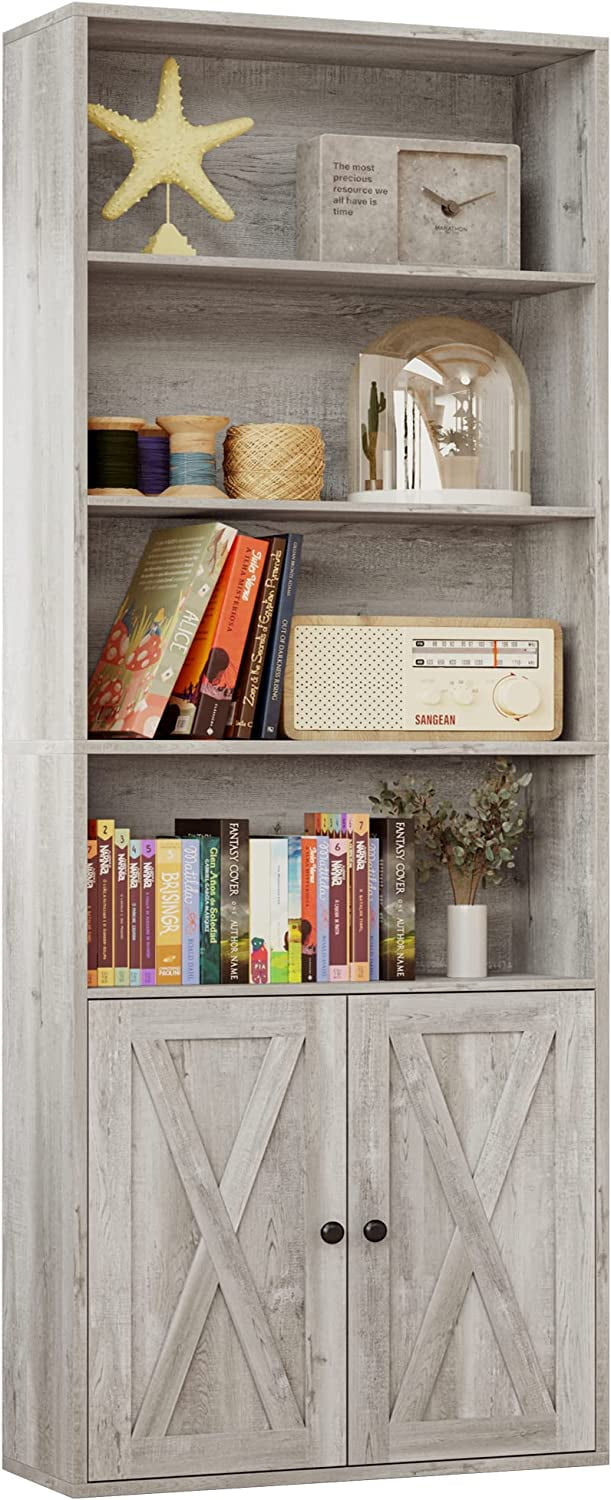 IRONCK Industrial Bookshelves with Doors - 6 Shelf Display Storage Shelves 70" Tall, Beige Maple