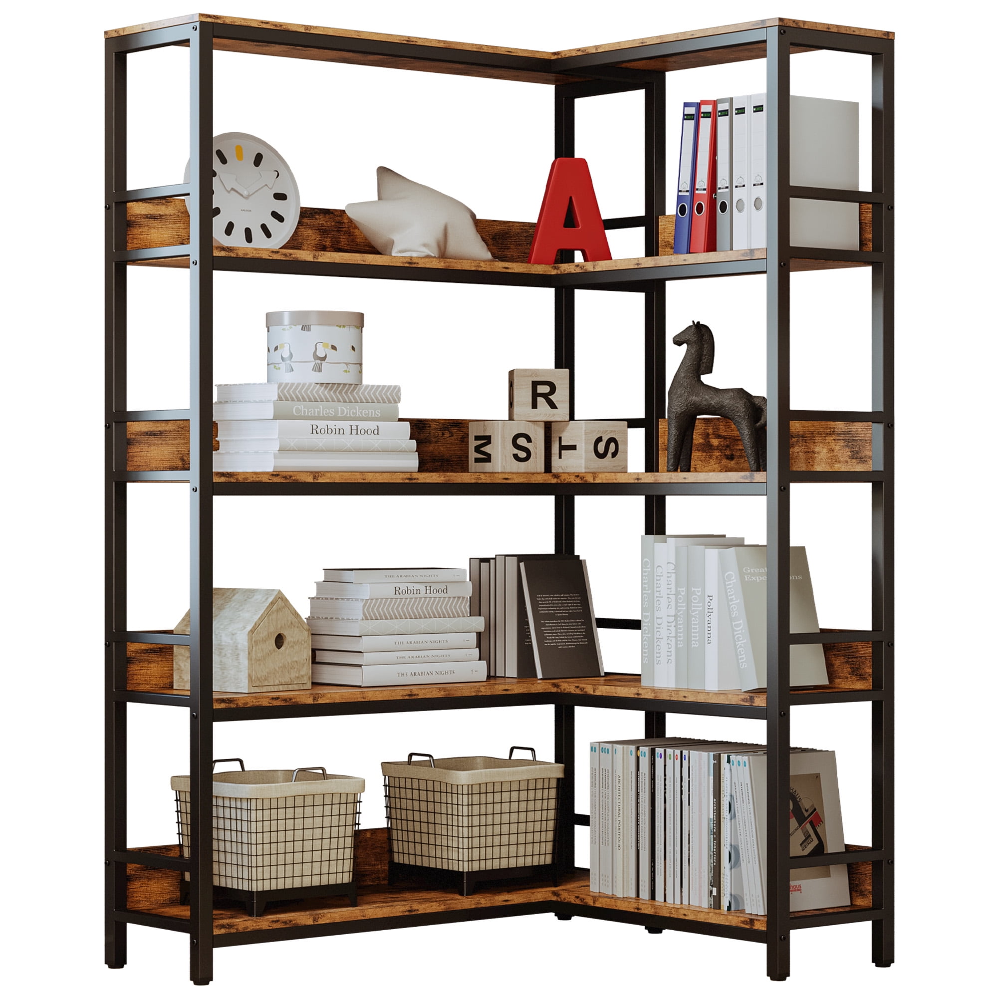 IRONCK Industrial Corner Bookshelves 5 Tiers with Baffles Etagere Shelf Storage Rack with Metal