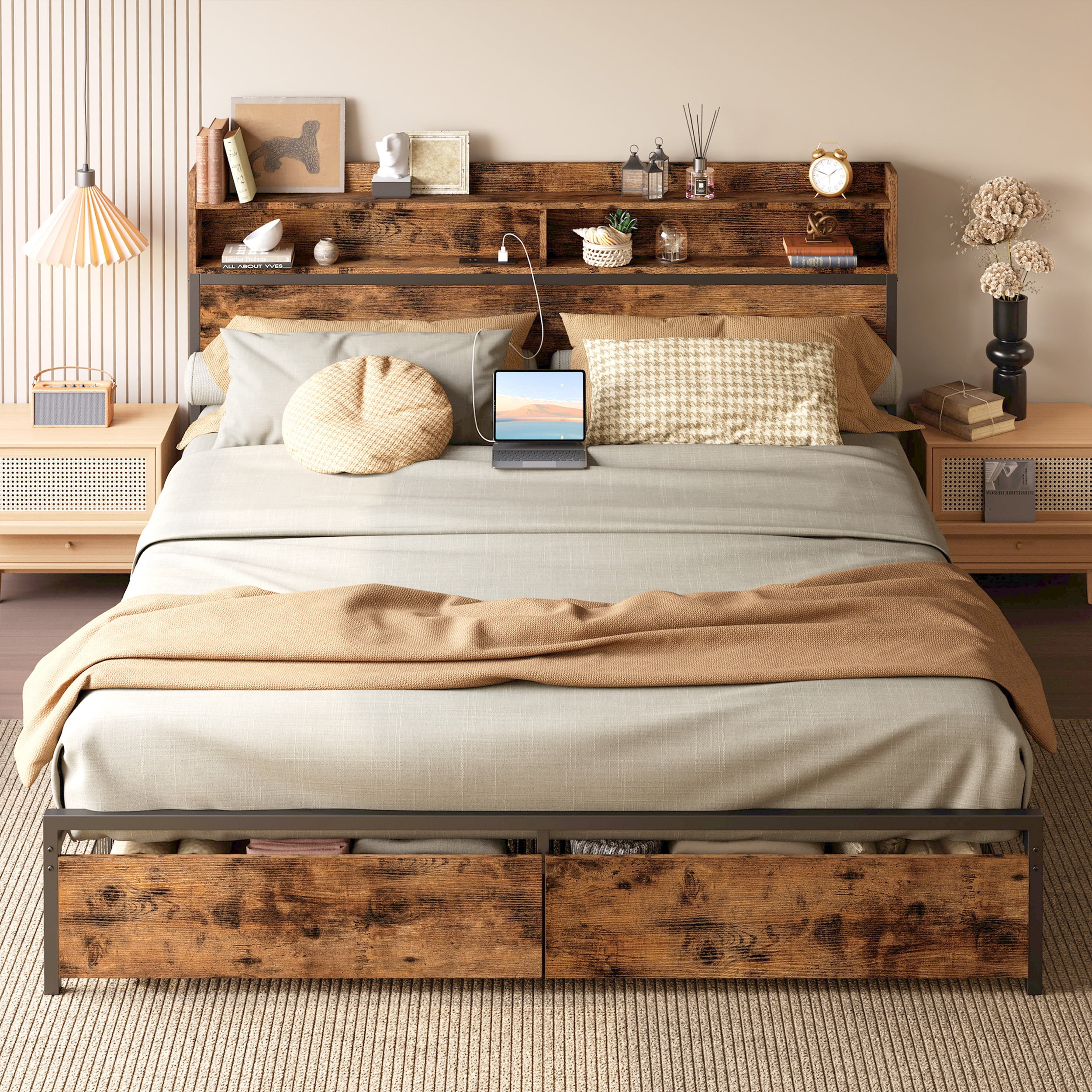 IRONCK King Platform Bed Frame with Storage Headboard, Charging Station