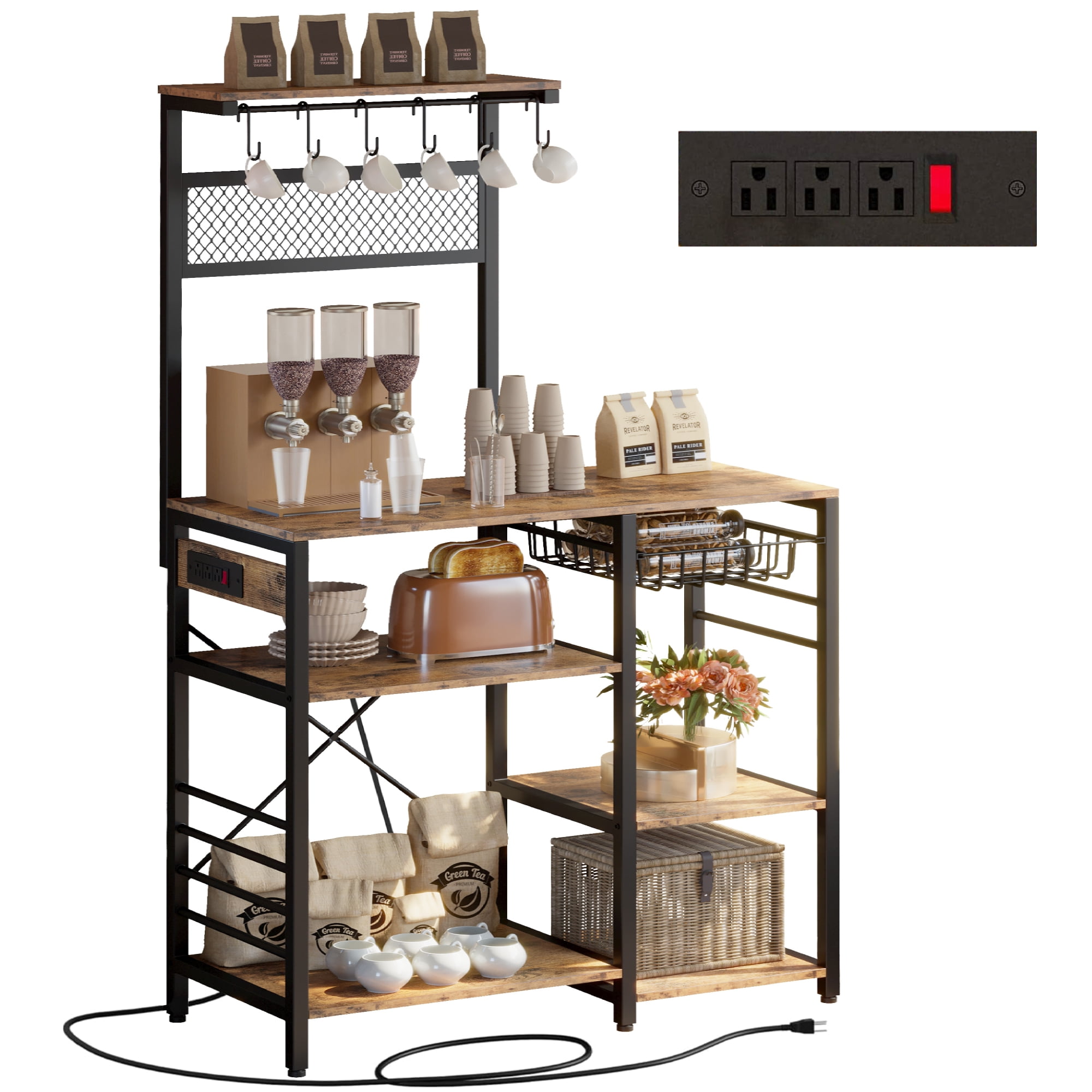 IRONCK Kitchen Bakers Rack Microwave Stand Coffee Bar with Charging