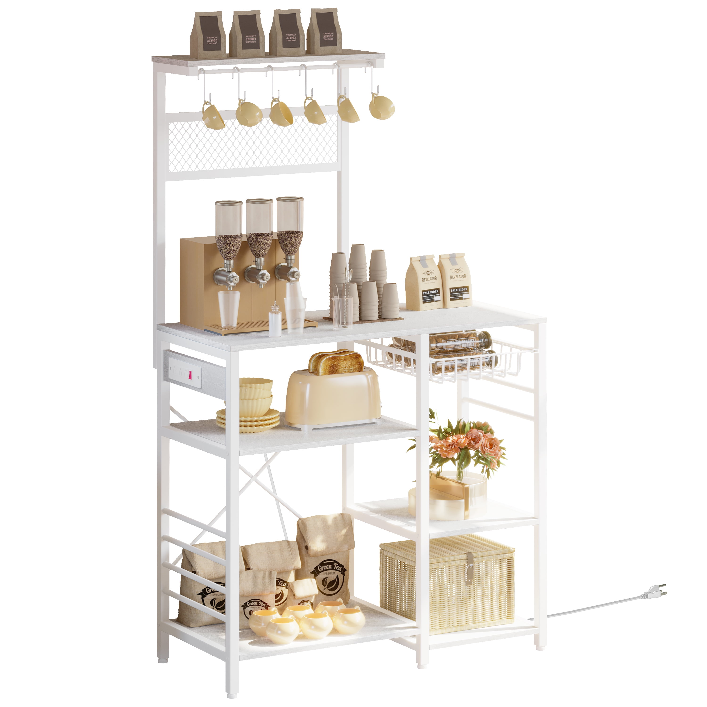 Bestier Microwave Stand Bakers Rack with Cabinet 3-Tier Kitchen Shelf with  Storage for Small Kitchens with Drawers & Hooks Wood Oak Beige