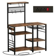 IRONCK Kitchen Bakers Rack Microwave Stand with Charging Station, Vintage Brown