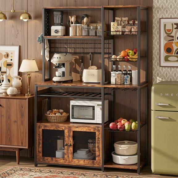 IRONCK 45.5" L-Shaped Kitchen Bakers Rack with Power Outlet, Microwave Stand Coffee Bar Station with Pegboard, Hooks & Wire Baskets, Rustic Brown
