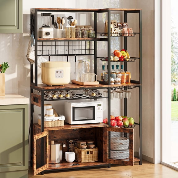 IRONCK Kitchen Bakers Rack with Power Outlets, 45.5" Wide Coffee Bar Table, Microwave Stand with 3 Wire Basket and 10 Hooks