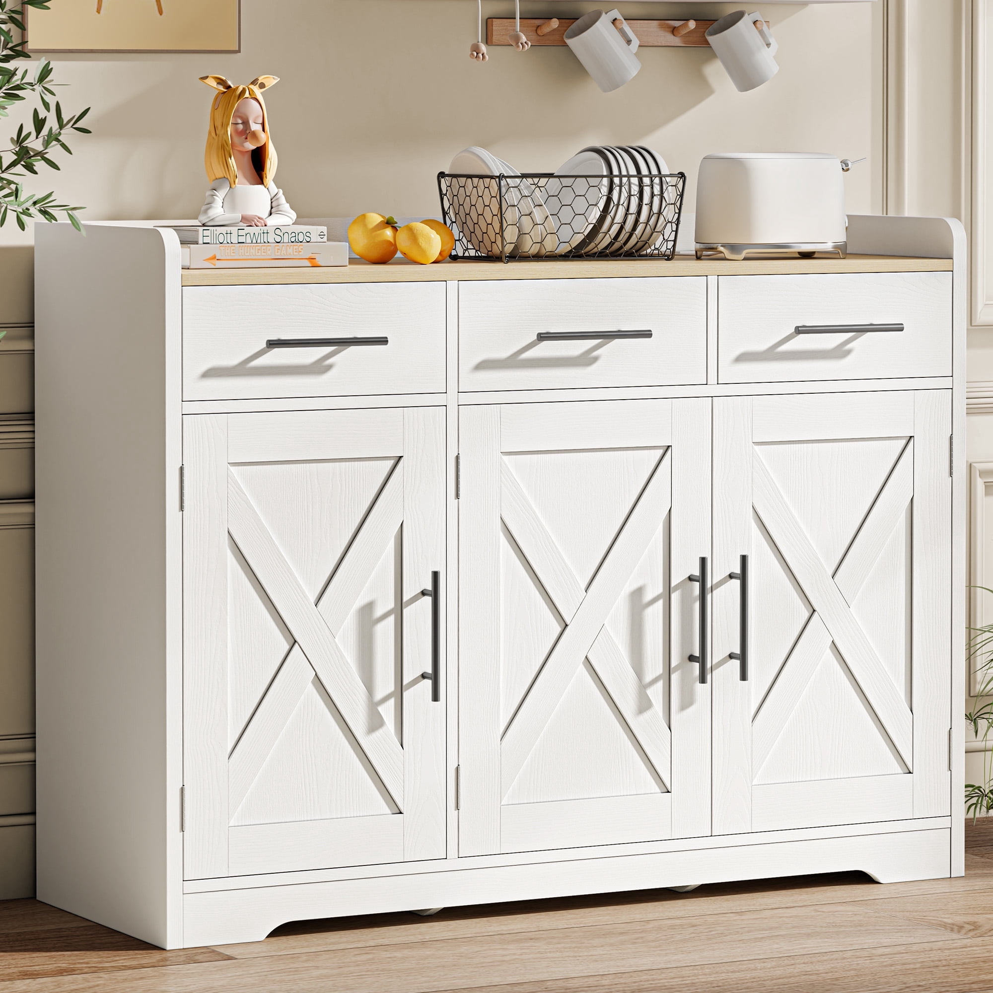 IRONCK Kitchen Storage Cabinet , Sideboard Buffet Cabinet with 3 Drawers and 3 Doors , White Sideboard