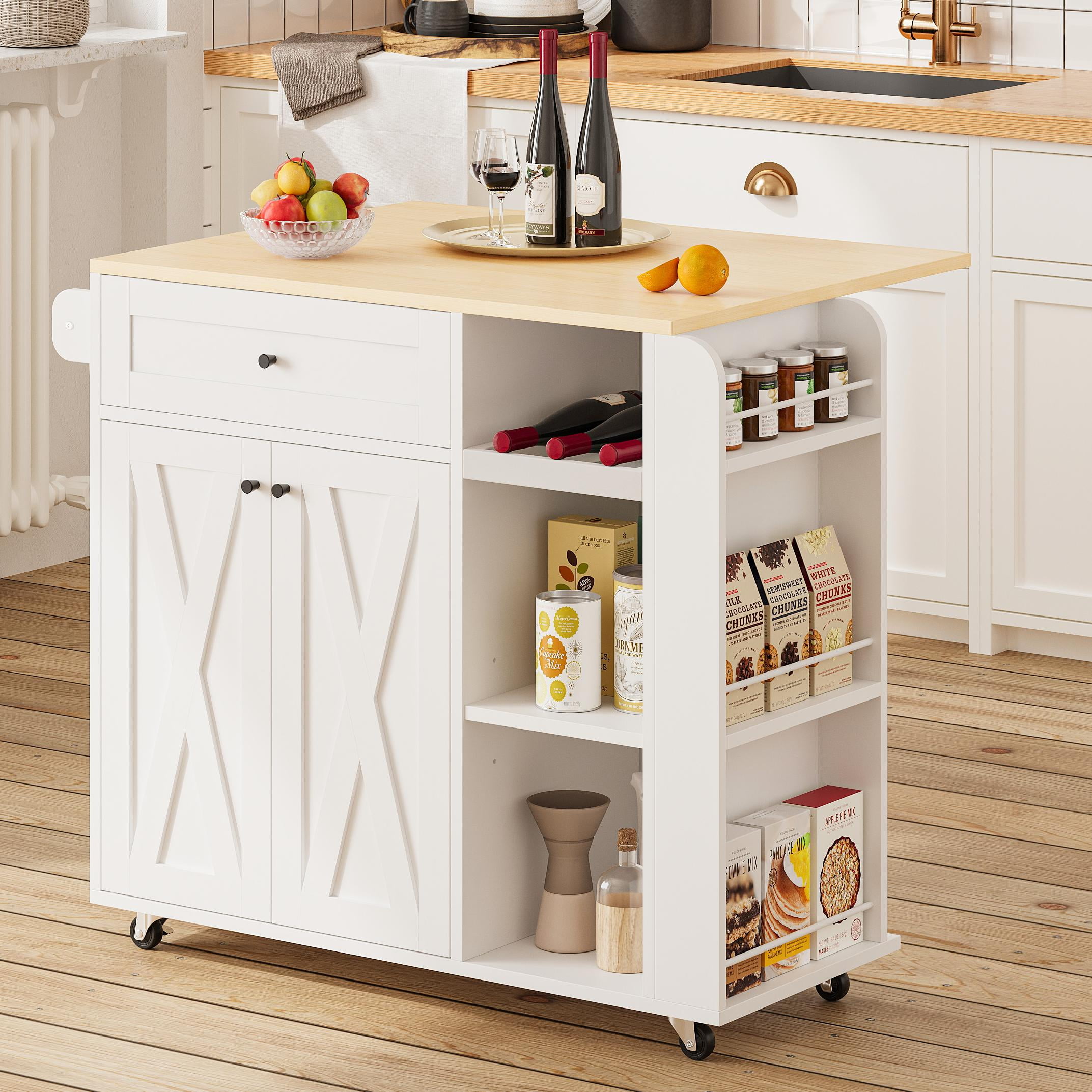IRONCK Kitchen Islands with Storage and Drop Leaf,35.4'' Rolling Kitchen Cart with Wine Rack & Spice Rack & Towel Rack