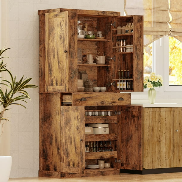 IRONCK Kitchen Pantry Storage Cabinet72 inch Height Tall Freestanding Cupboard with Drawer and 6 Hanging Shelves for Dining Room Living Room Vintage