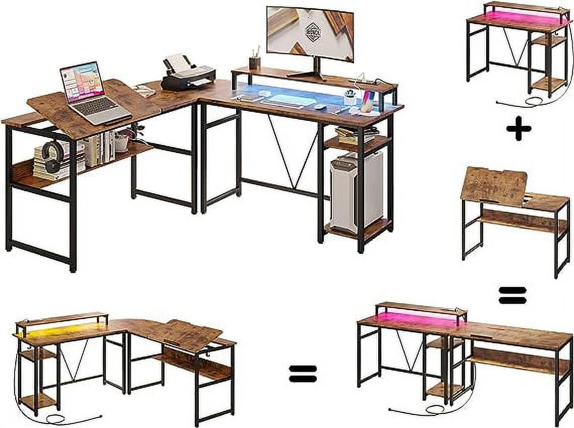 IRONCK L Shaped 70.8" Computer Office Corner Desk with LED and Power Outlets, Reversible