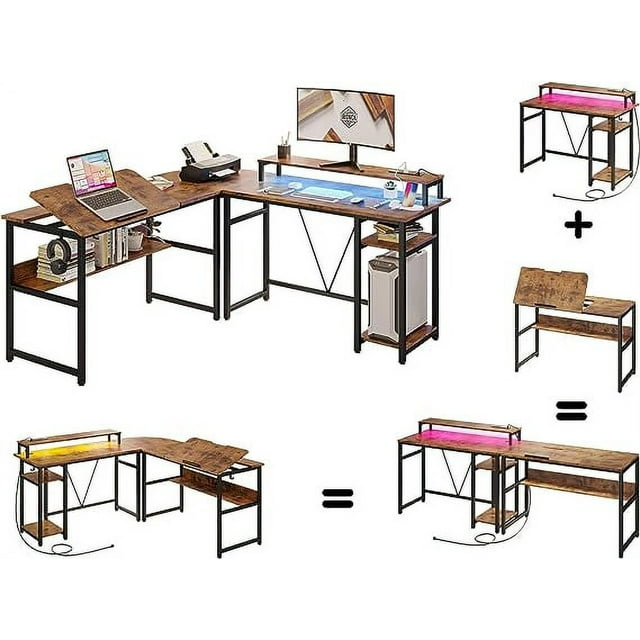 IRONCK L Shaped 70.8" Computer Office Corner Desk with LED and Power