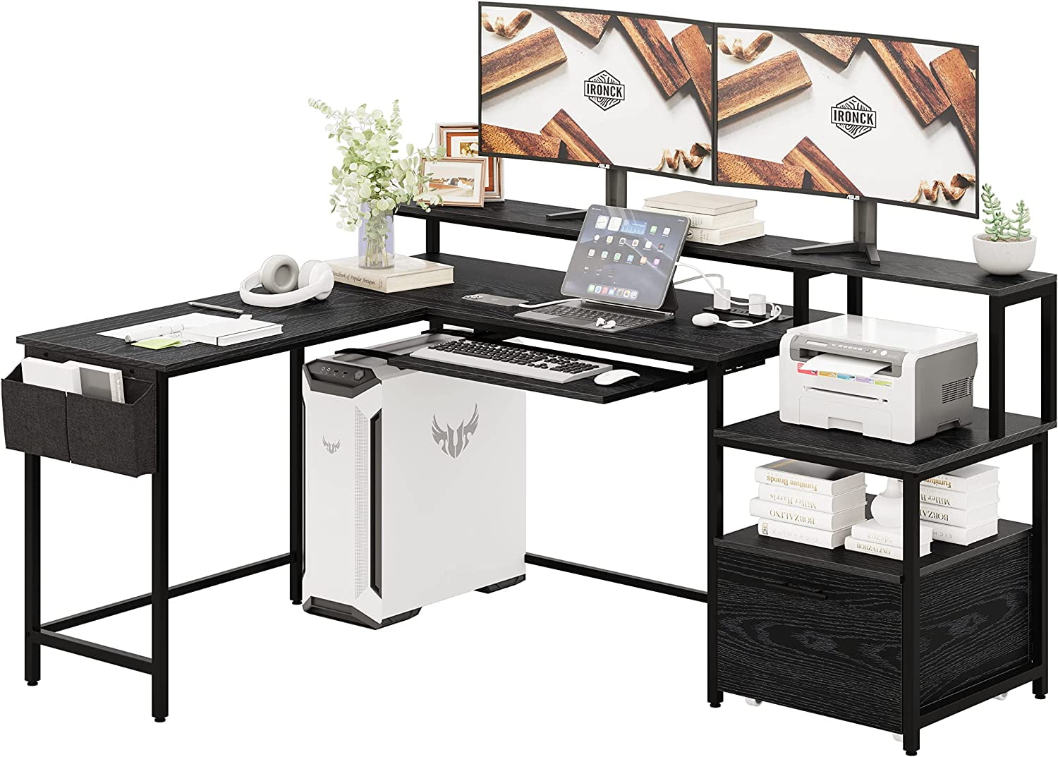 IRONCK L Shaped Computer Desk 66" Corner Desk with Power Outlet File Drawer Keyboard Tray Riser