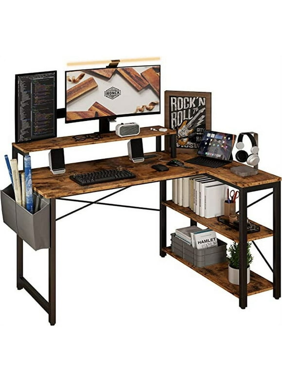 IRONCK L Shaped Desk with Charging Station and Storage Shelves, 47 inch Corner Computer Desk with Monitor Stand, Writing Table for Home Office, Vintage Brown