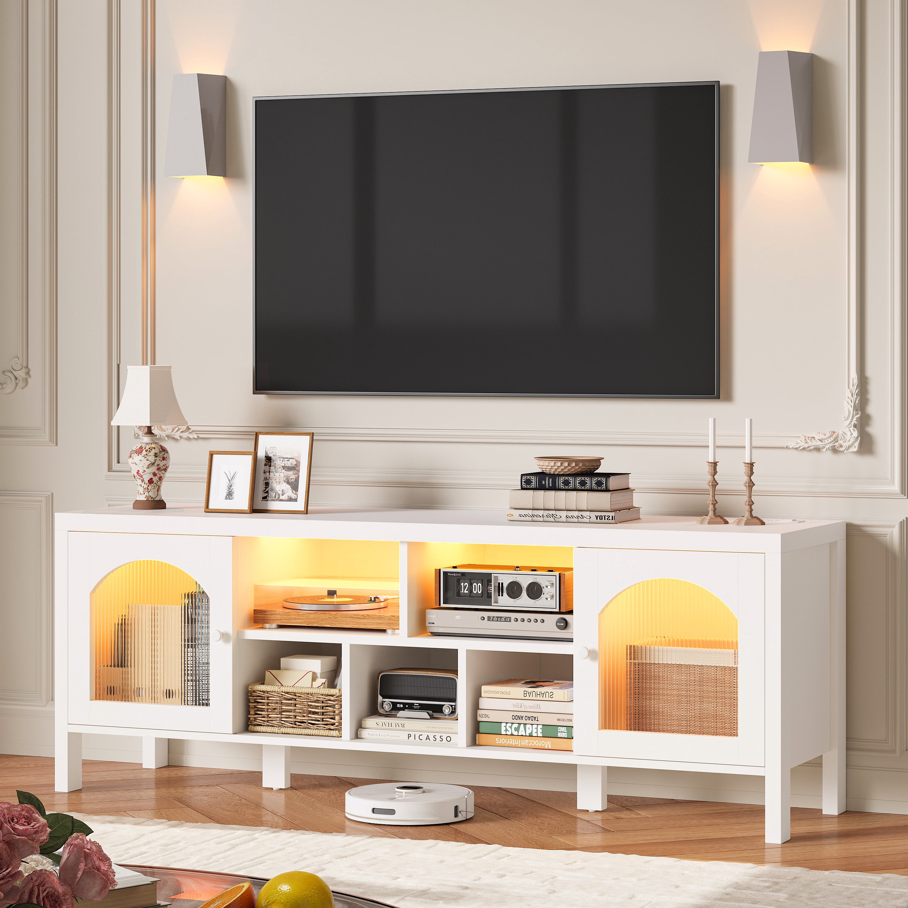 IRONCK LED TV Stand for TVs up to 65", Entertainment Center with Power Outlet and Storage Cabinet, 59-Inch