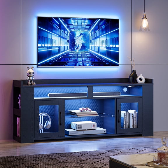 LED TV Stand for TVs up to 65 Inch, Modern Media Console with Charging Station & Storage Cabinet