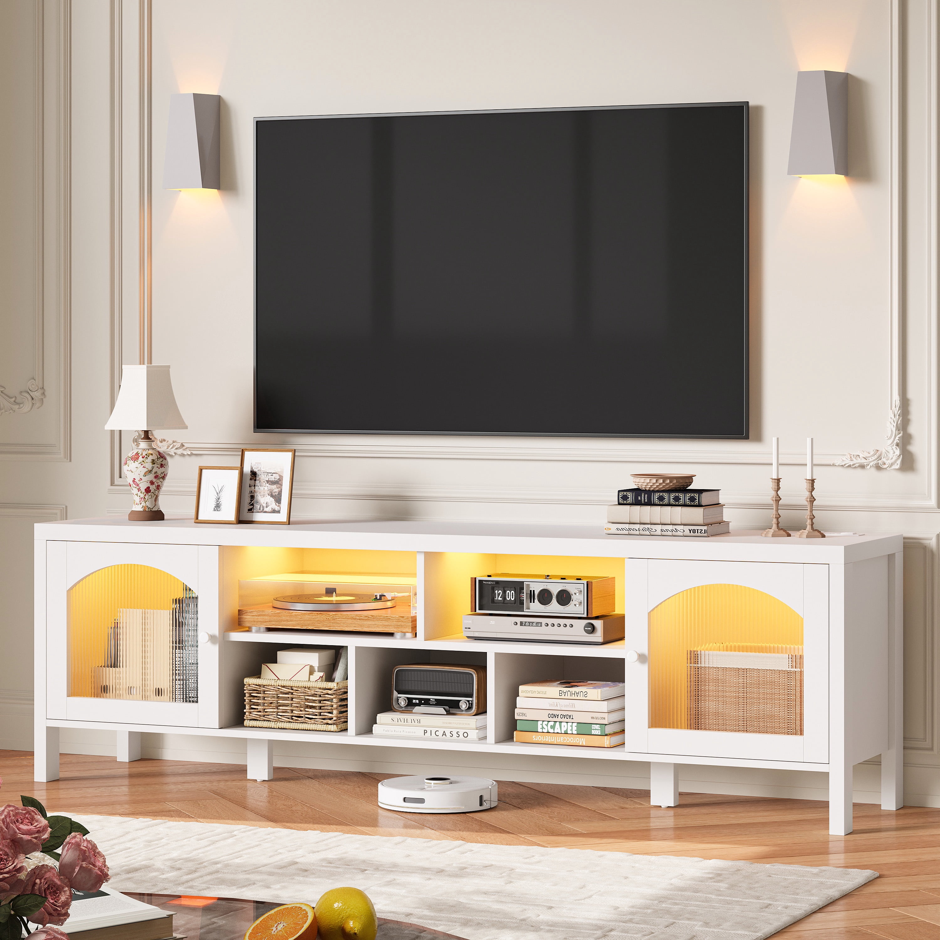 IRONCK LED TV Stand for TVs up to 85", Entertainment Center with Power Outlet and Storage Cabinet, 70.8-Inch