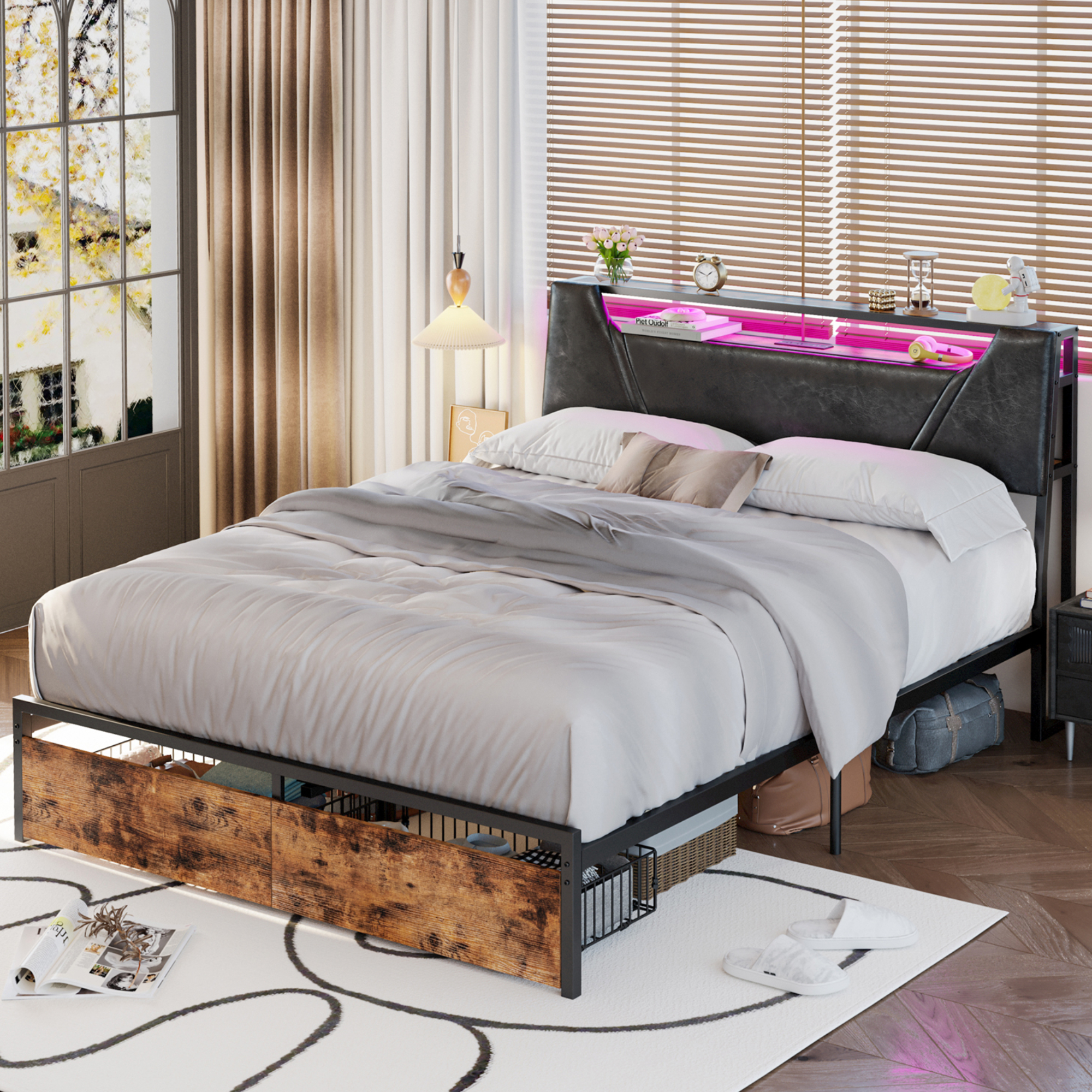 IRONCK Queen Bed Frame with Headboard Shelf, Charging Station, LED Lights, Underbed Storage