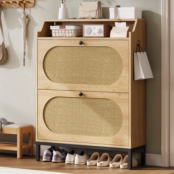 IRONCK Rattan Shoe Cabinet with 2 Flip Drawers and RGB Lights, Freestanding Shoe Rack Organizer for Entryway Hallway