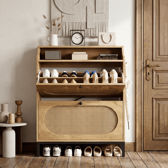 IRONCK Rattan Shoe Storage Cabinet with 2 Flip Drawers and LED Light, Shoe Rack Organizer for Entryway Hallway