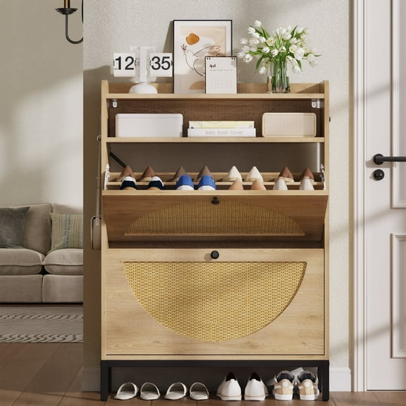 IRONCK Shoe Storage Cabinet with 2 Rattan Flip Drawers, LED Light and Adjustable Shelf for Entryway Hallway