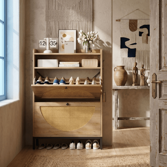 IRONCK Shoe Storage Cabinet with 2 Flip Drawers and LED Light, Shoe Rack Organizer with Open Shelf for Entryway
