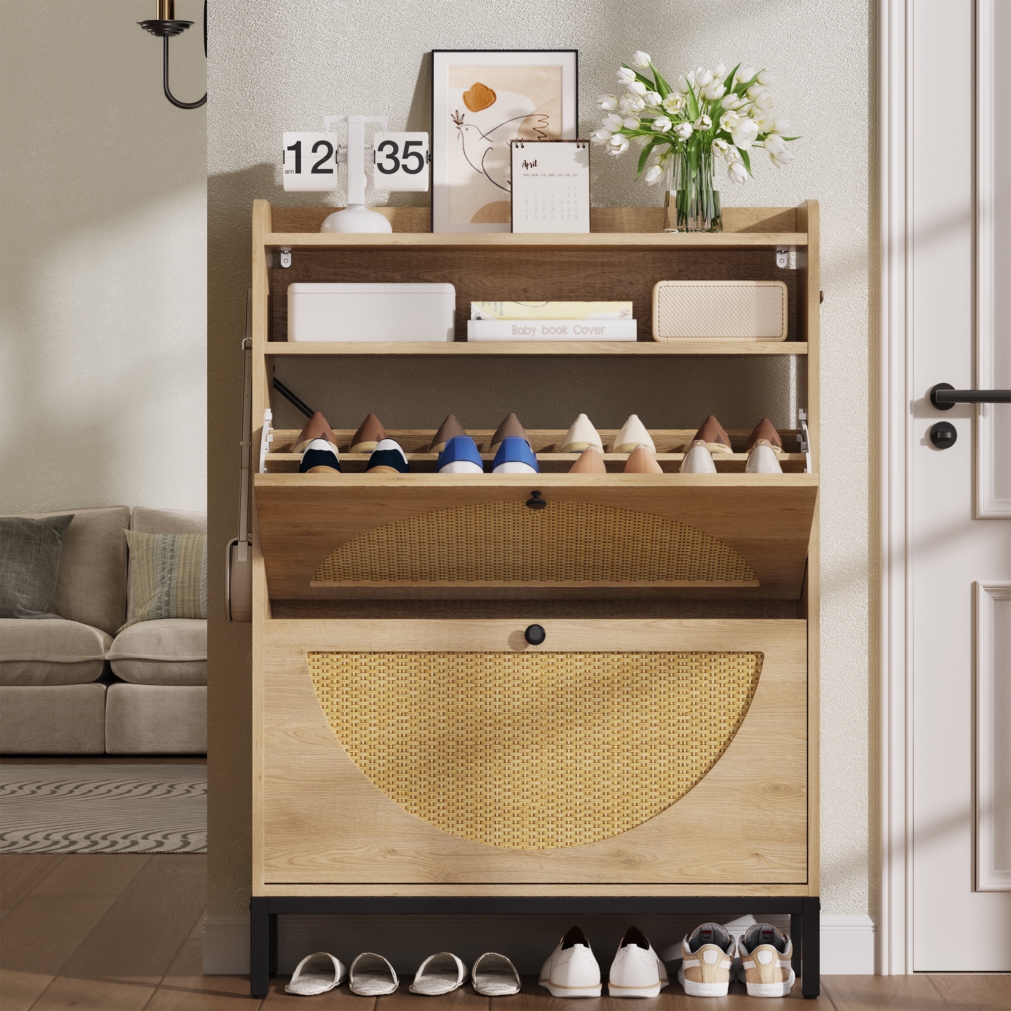 IRONCK Shoe Storage Cabinet with 2 Rattan Flip Drawers, LED Light and Adjustable Shelf for Entryway Hallway