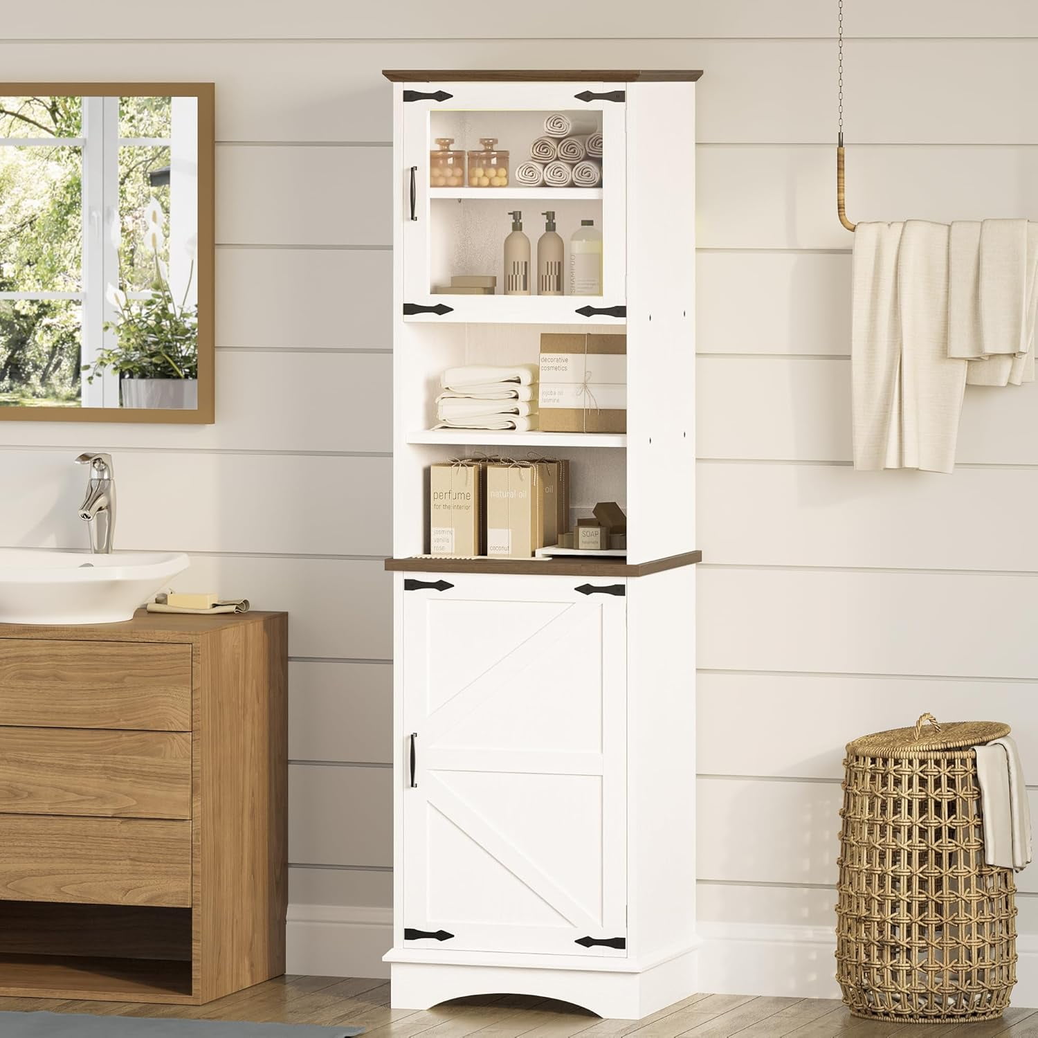 IRONCK Tall Bathroom Cabinet, Farmhouse Storage Cabinet with LED Lights ...