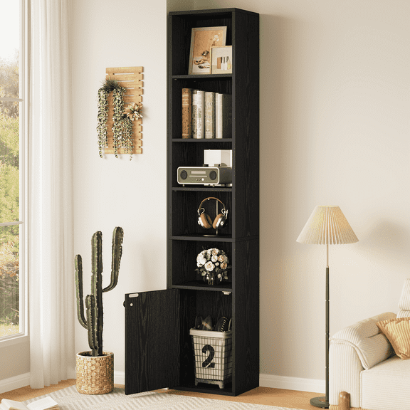 IRONCK 71" Tall Narrow Bookcase, 5 Tier Bookshelf with Doors and Adjustable Shelves for Home Office, Black