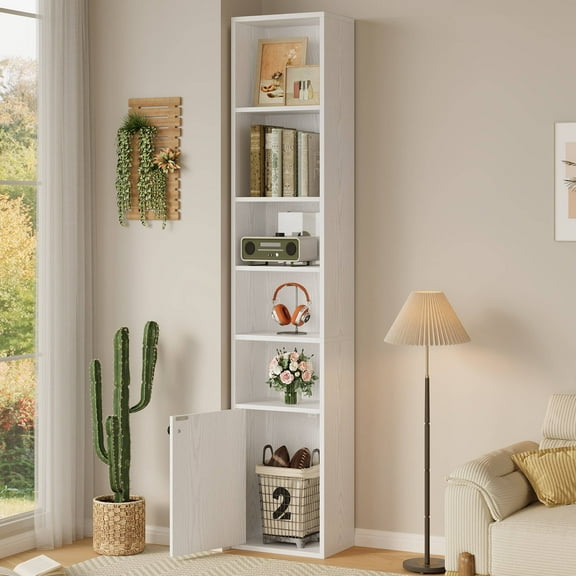 IRONCK 71'' Tall Narrow Bookcase with Storage Cabinet, 5 Tiers Cube Bookshelf with Doors, White Shelves