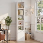 IRONCK 71" Tall Narrow Bookcase with Adjustable Shelves, 5 Tier Cube Bookshelf with 1 Door Storage Cabinet, White