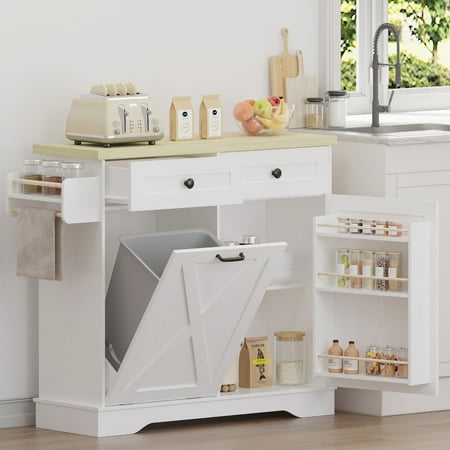 IRONCK Tilt Out Trash Cabinet for 10.25 Gallon Garbage Can, Kitchen Storage Cabinet with Adjustable Shelf, 2 Drawer, Spice Rack and Towel Rack
