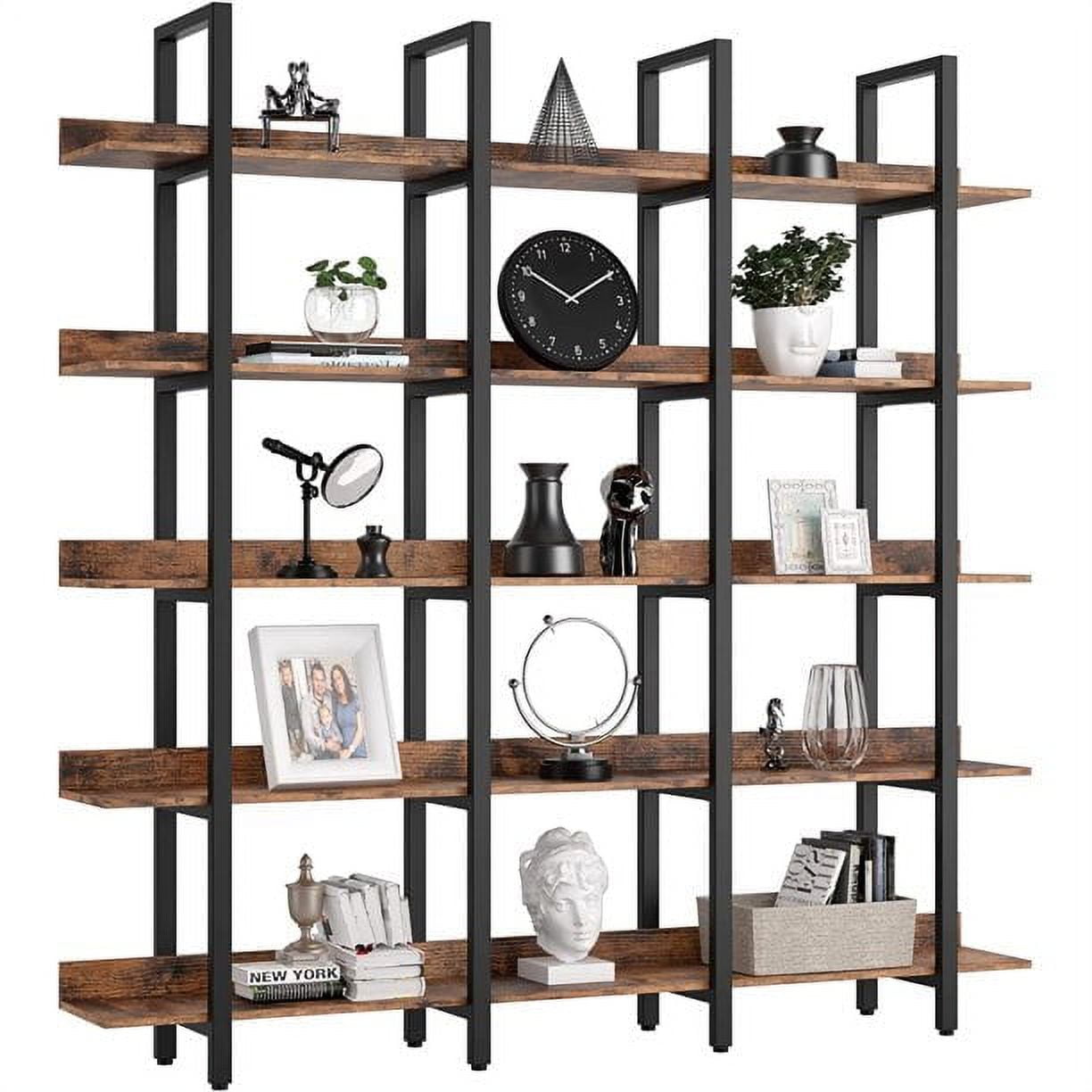 Industrial Vintage Brown 5-Tier Triple Wide Bookshelf