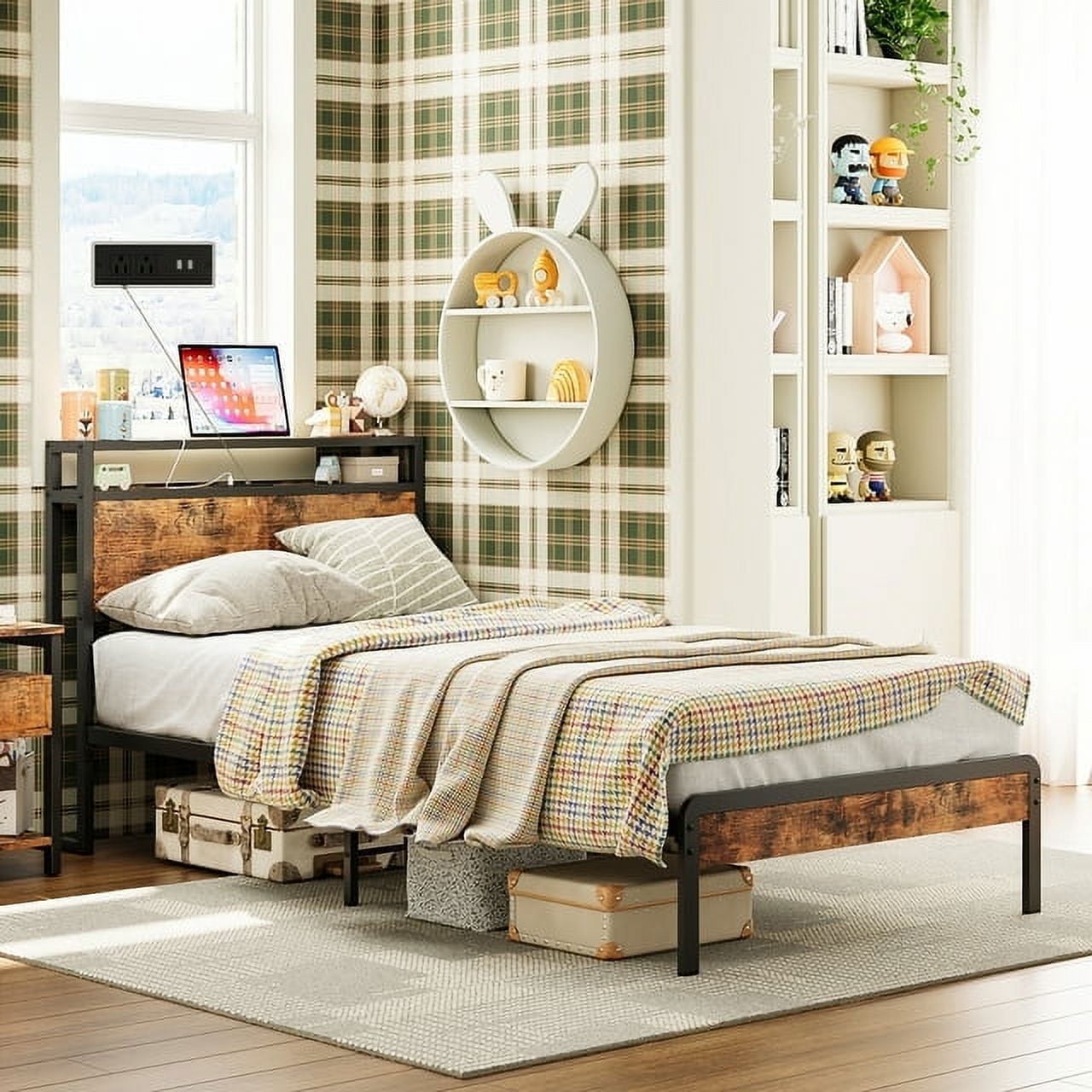 IRONCK Industrial Rustic Twin Bed Frames with Storage, USB Ports, Metal ...