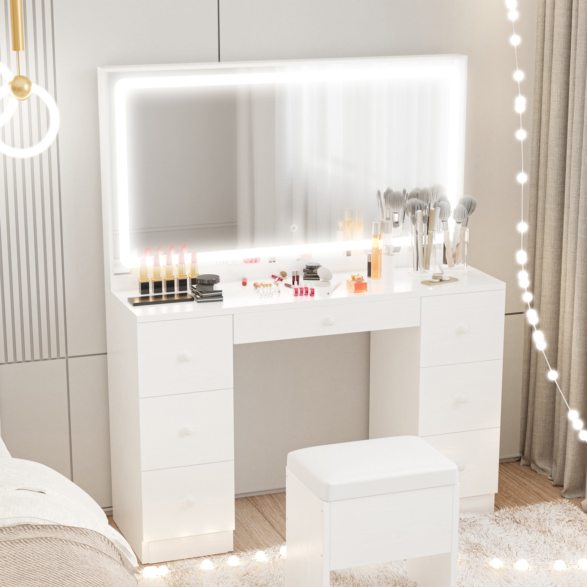 IRONCK Vanity Desk Set with LED Lighted Mirror & Power Outlet, 7 Drawers  Makeup Vanities Dressing Table with Stool, for Bedroom, White