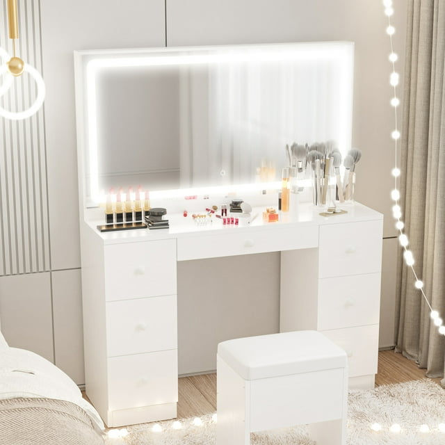 IRONCK Vanity Desk Set with LED Lighted Mirror & Power Outlet, 7