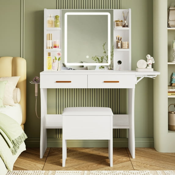 IRONCK Makeup Vanity Desk with LED Lighted Mirror and Power Outlet, Dresser Table Set with 2 Drawers and Storage Stool for Bedroom