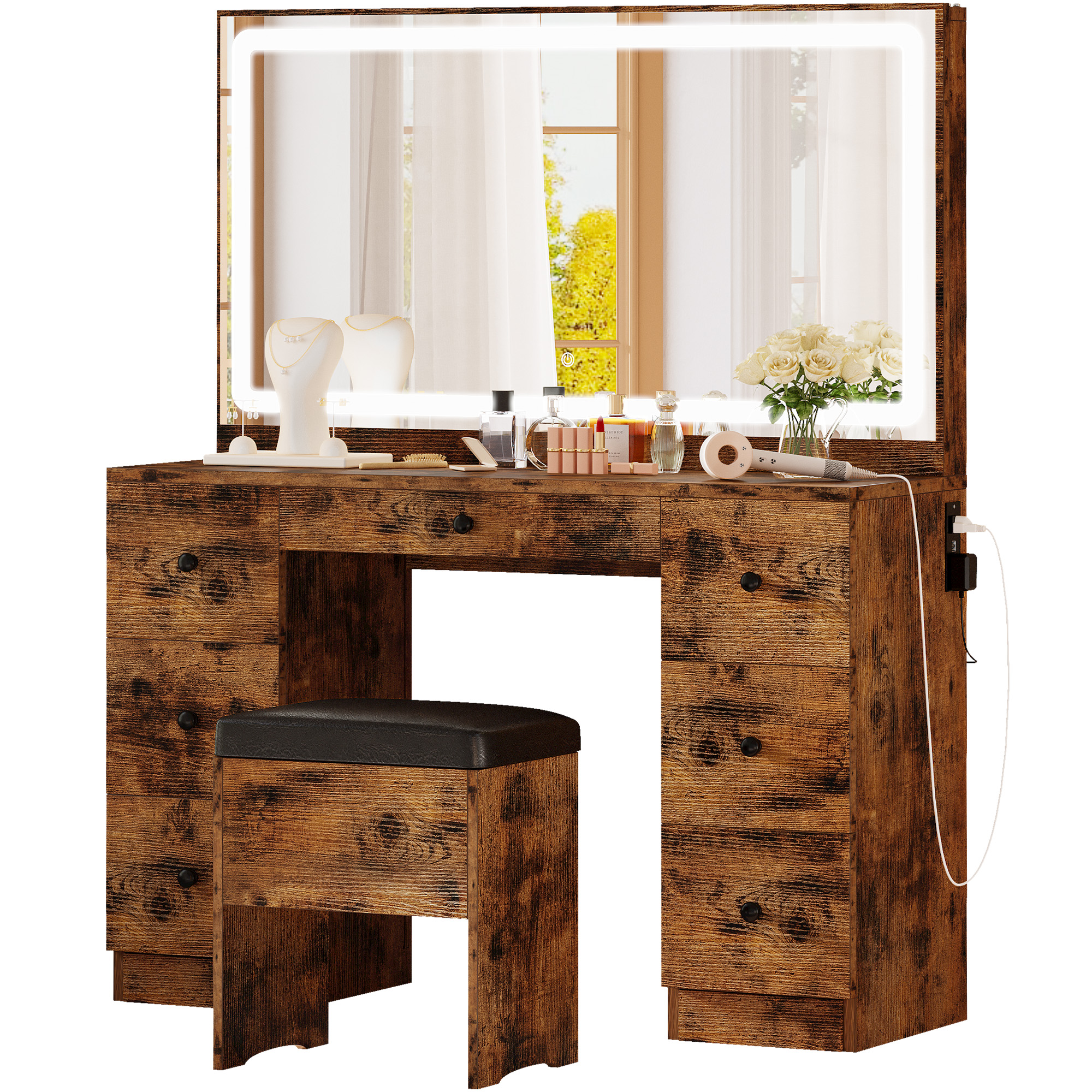 IRONCK Vanity Desk Set with Large LED Lighted Mirror & Power Outlet, 7