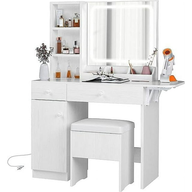IRONCK Vanity Desk with LED Mirror, Power Outlet, Makeup Table, Drawers, Storage Stool