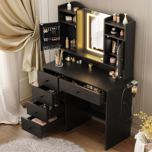IRONCK Vanity Set with Mirror , Makeup Vanity with Lights & Jewelry Armoire & Charging Station & 5 Drawers , Black