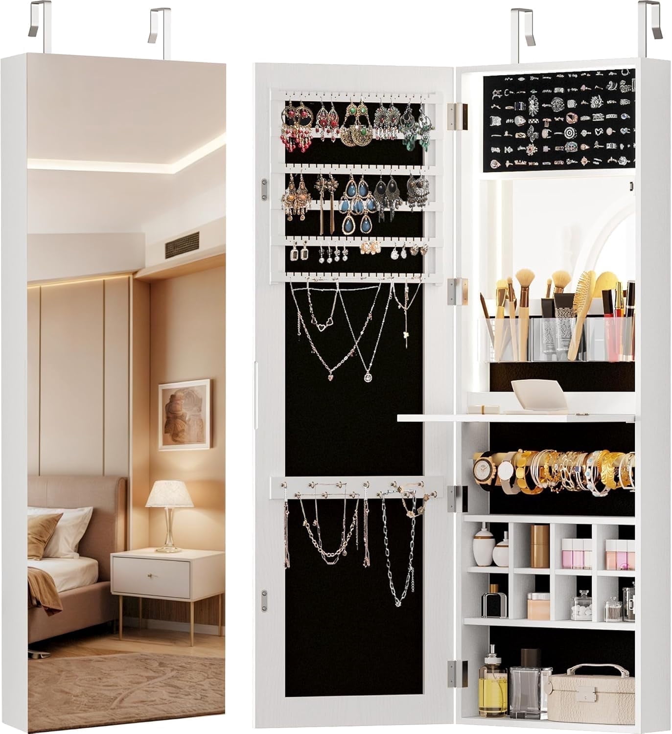 IRONCK Full Length Mirror Jewelry Cabinet with Foldable Shelf , Wall Door Mounted Jewelry Armoire with LED Light , White
