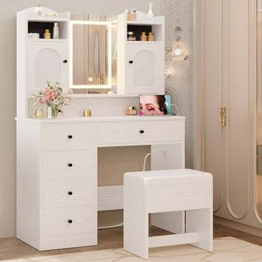 IRONCK White Vanity Set with Mirror and Lights , Makeup Vanity Desk with Jewelry Armoire & Charging Station & 5 Drawers