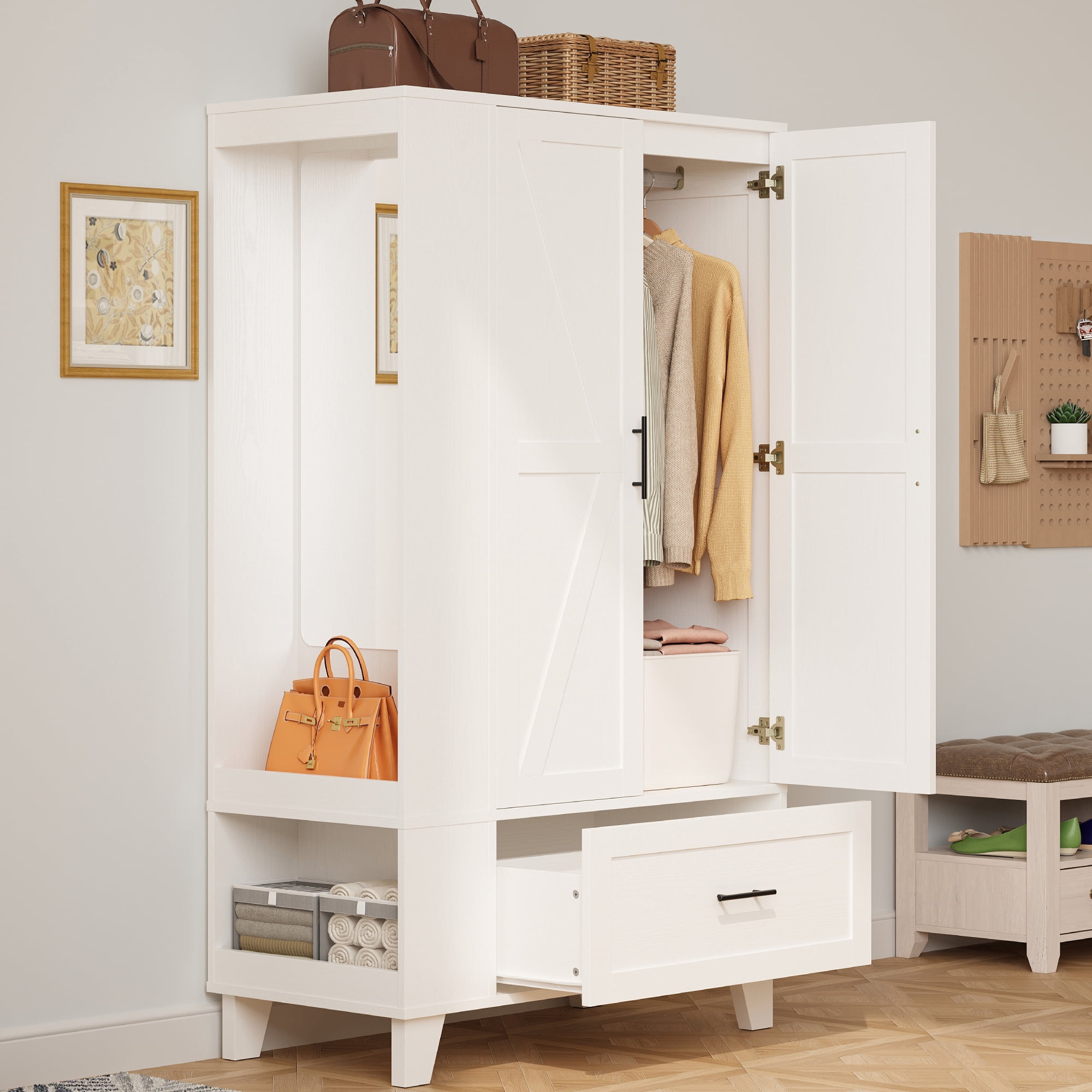 IRONCK 67" Tall Wardrobe Closet with Mirror & Drawer, White Wooden Bedroom Armoire Cabinet with Side Shelves and Hooks