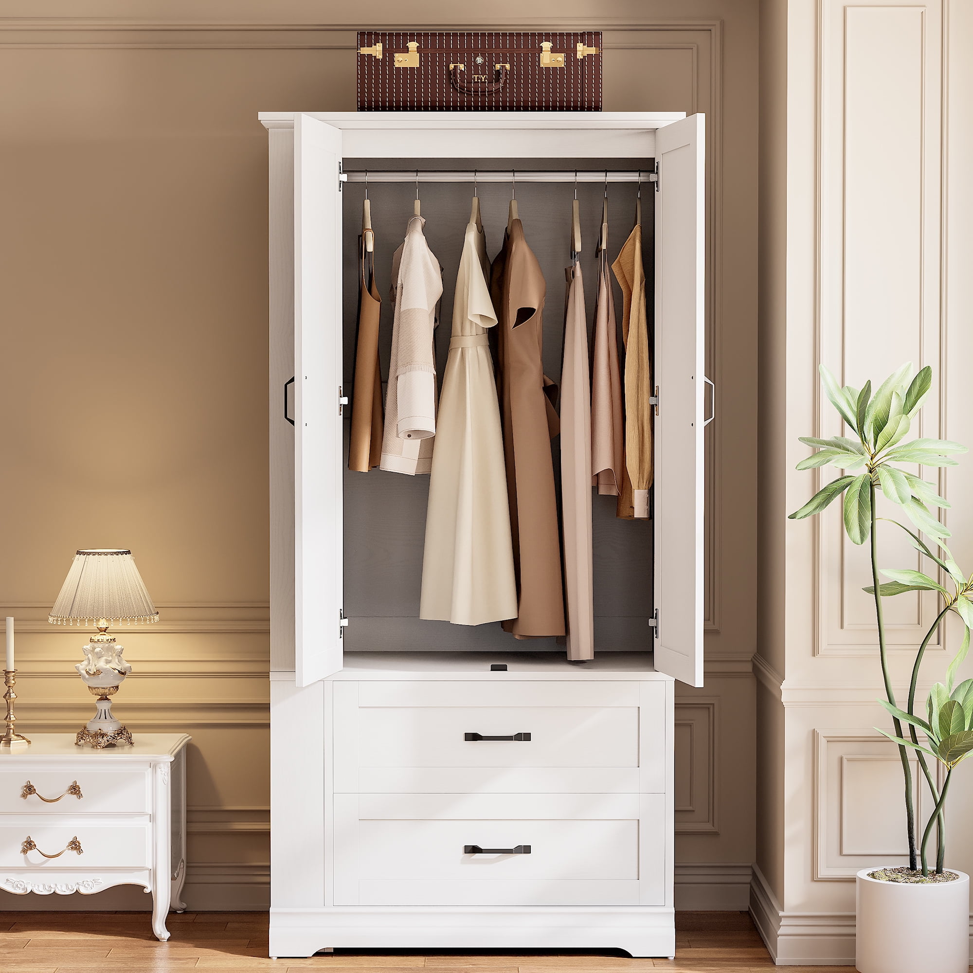 IRONCK Wooden Armoire Wardrobe Closet for Adult, 70.87" Tall Freestanding Clothing Storage Cabinet with 2 Drawers for Bedroom, White