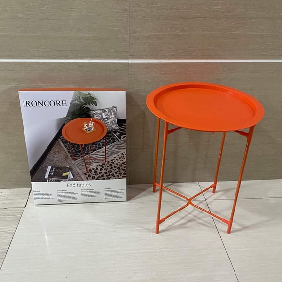 IRONCORE Round Folding Side Table, 24 Height Portable End Table with X-Shaped Metal Frame, Easy to Clean Tray Top, Foldable Accent Table for Living Room, Bedroom, Balcony, Patio, (Orange)