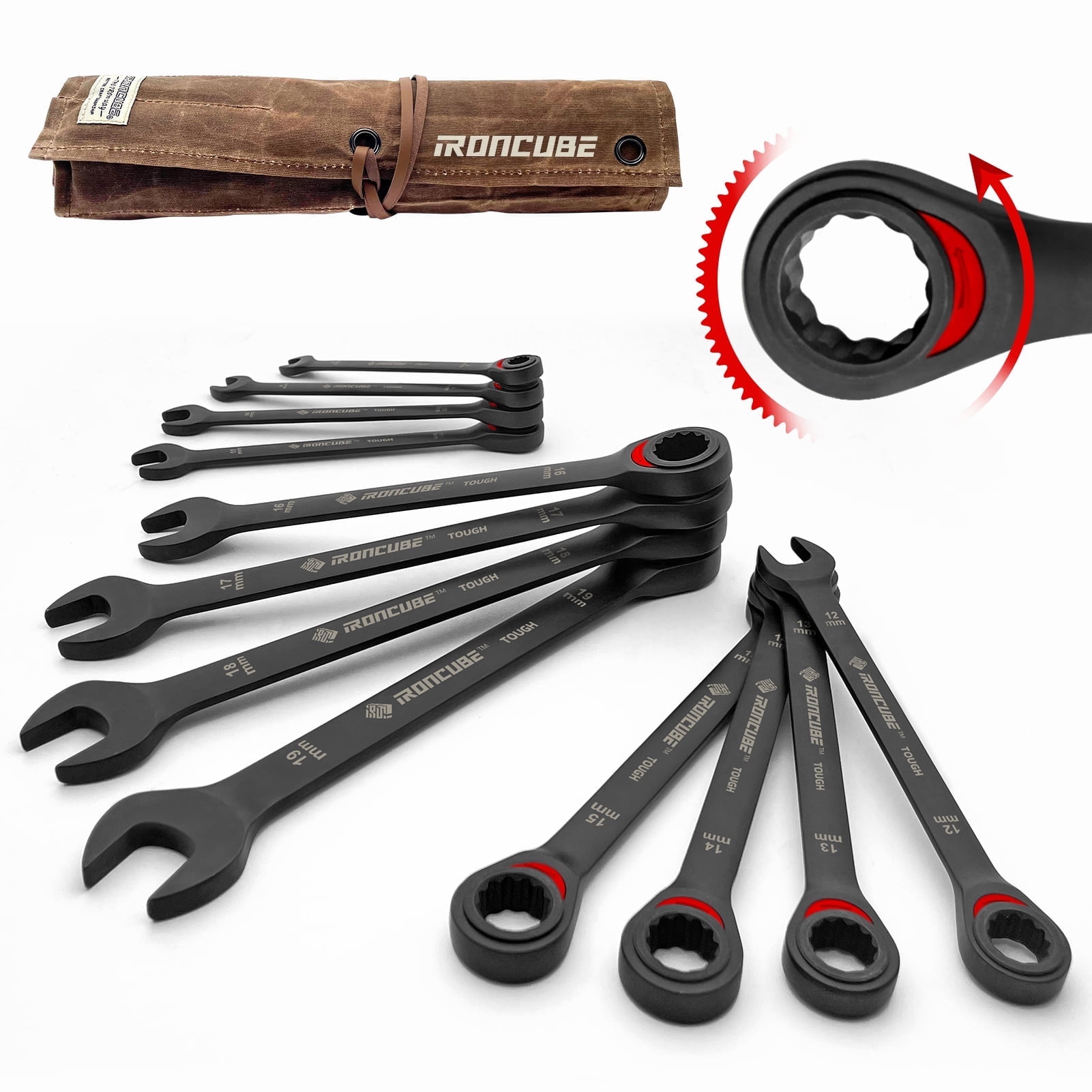 IRONCUBE 12-Piece Ratcheting Combination Wrench Set - Metric 8-19mm CR-V Steel Tough Black with Wax Canvas Storage Bag