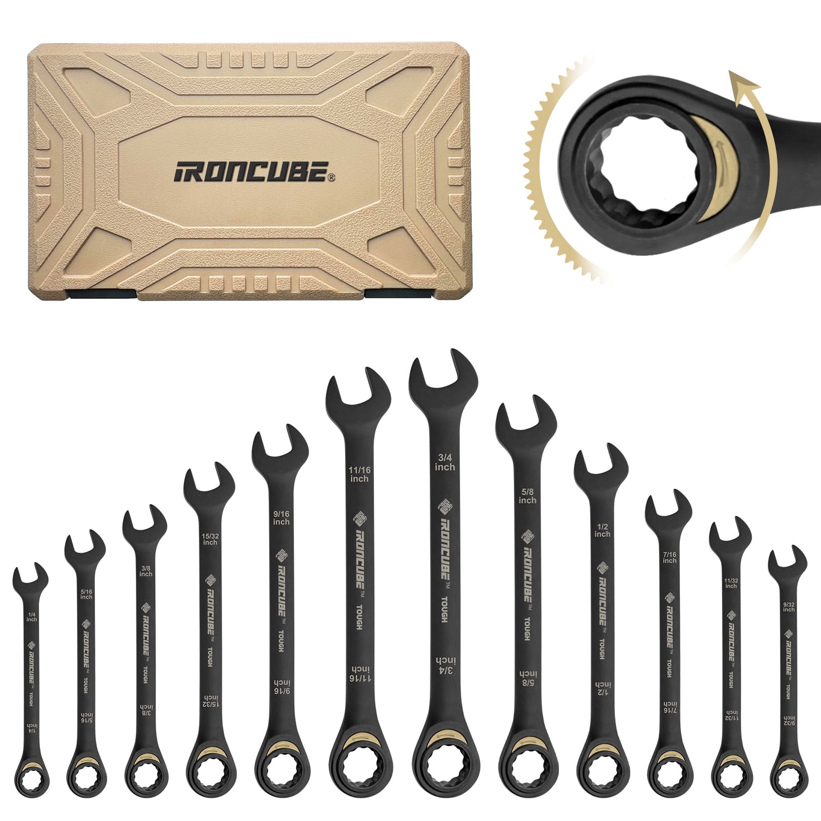 IRONCUBE 12-Piece Ratcheting Wrench Set: SAE 1/4" to 3/4" - 72-Tooth - Tough Black - Chrome Vanadium Steel - with Organizer